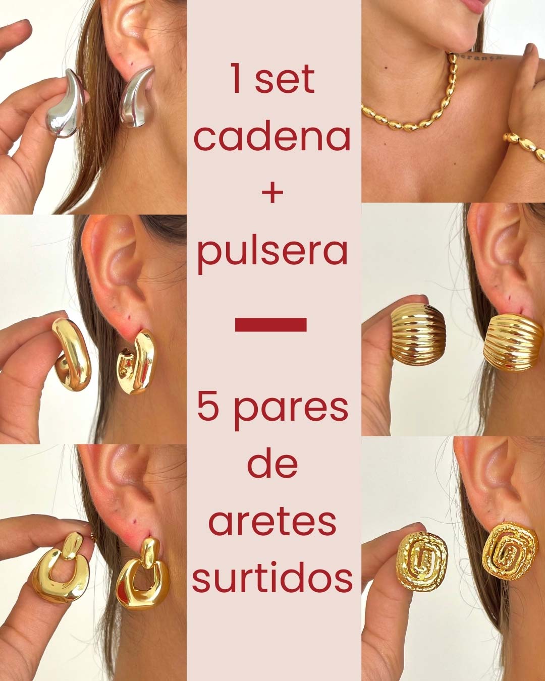 Pack #14 | Set de Cadena y Pulsera + 5 Pares de aretes