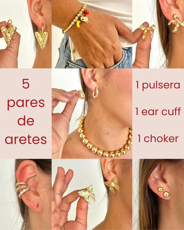 Pack 2 | 5 Pares de aretes +Pulsera + Earcuff + Choker