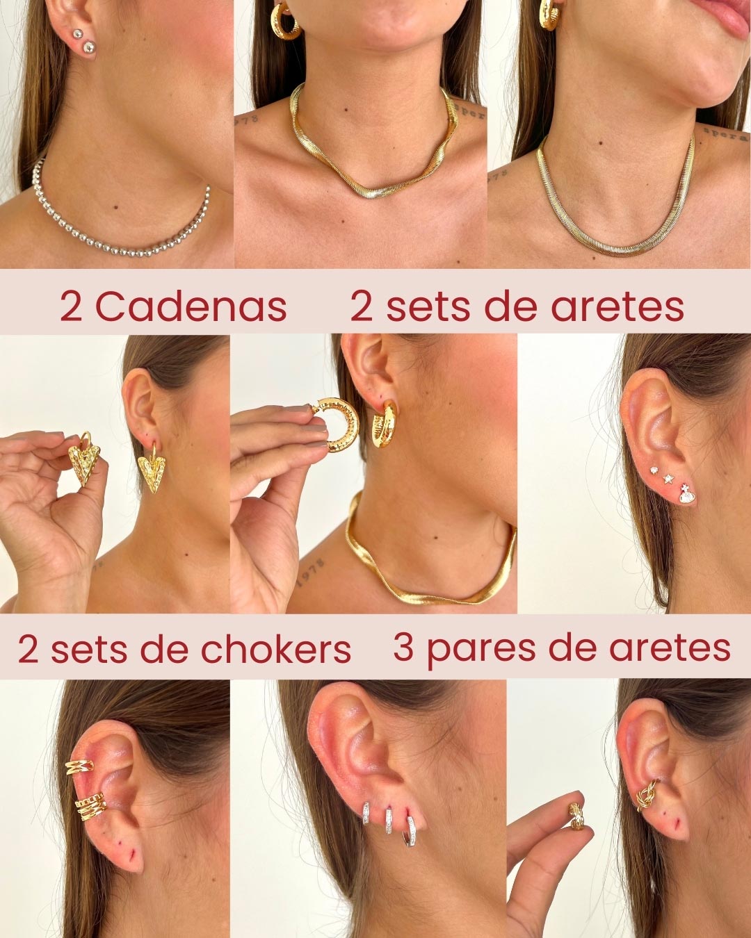 Pack #4 | 2 Cadenas + 2 Sets de aretes + 2 Sets de chokers + 3 Pares de aretes