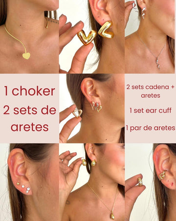 Pack #5 | 1 Choker + 2 Sets de aretes + 2 Sets cadena y aretes + Set Earcuff + 1 Par de aretes