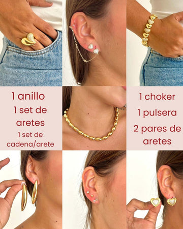 Pack #8 | Anillo + Set de aretes + Set cadena y aretes + Choker + Pulsera + 2 Pares de artes