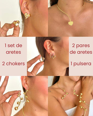 Pack #9 | Set de aretes + 2 Chokers + 2 Pares de aretes + Pulsera